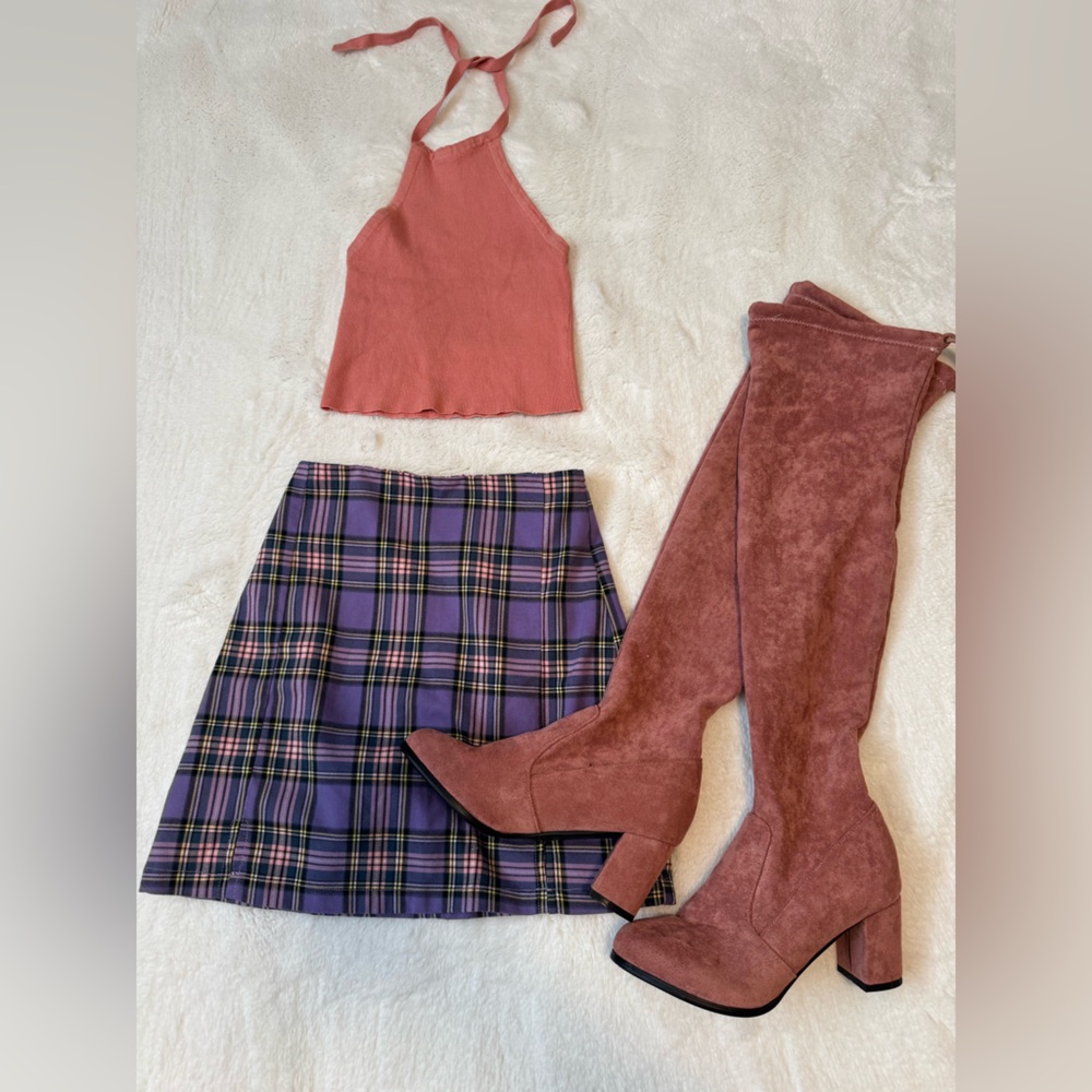 Plaid Purple Mini Skirt and Pink Halter Top Set